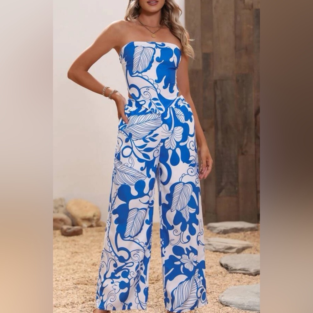 Blue and White Patterned Two Piece Set